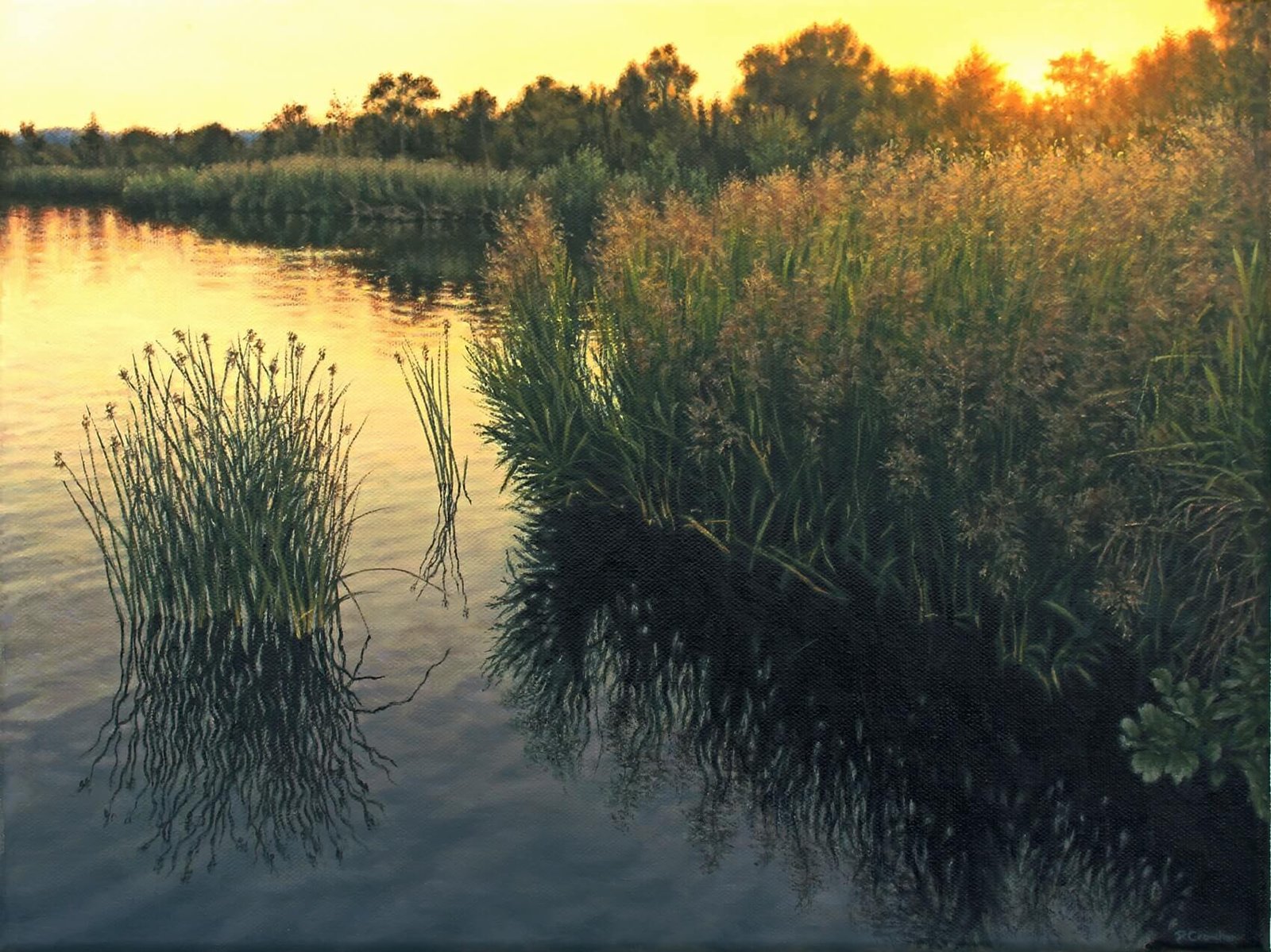 Painting of a lake at sunset by Rosanne Croucher Art