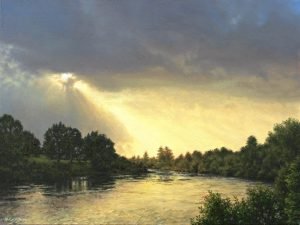 Painting of light breaking through the clouds over a river