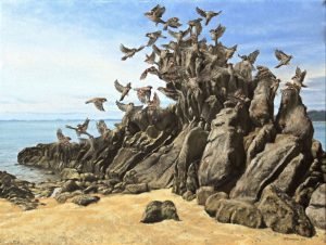 Painting of rocks turning into sparrows