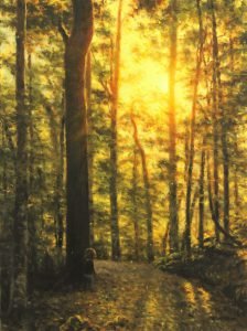 Painting of a glowing forest scene with a boy