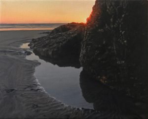 Painting of rock pool at sunset