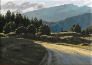 Painting of a road and mountain