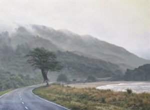 Painting of a misty coastal road with mountains and man lifting a tree