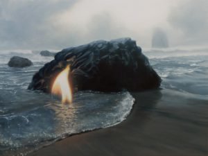 Painting of a flame in a misty ocean