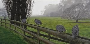 Painting of birds on a fence in a rainy field