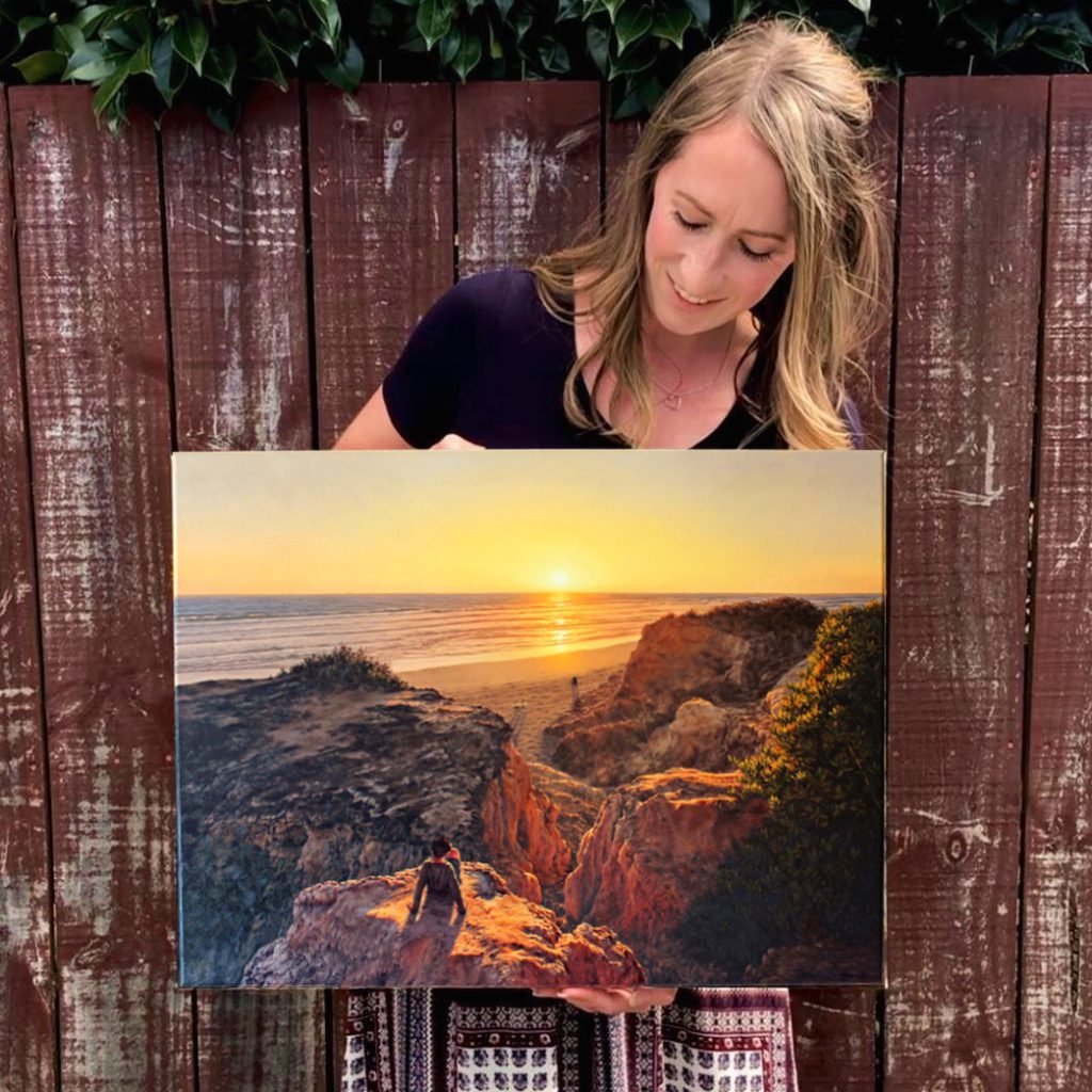 Commission painting of Baylys beach at sunset with artist Rosanne Croucher