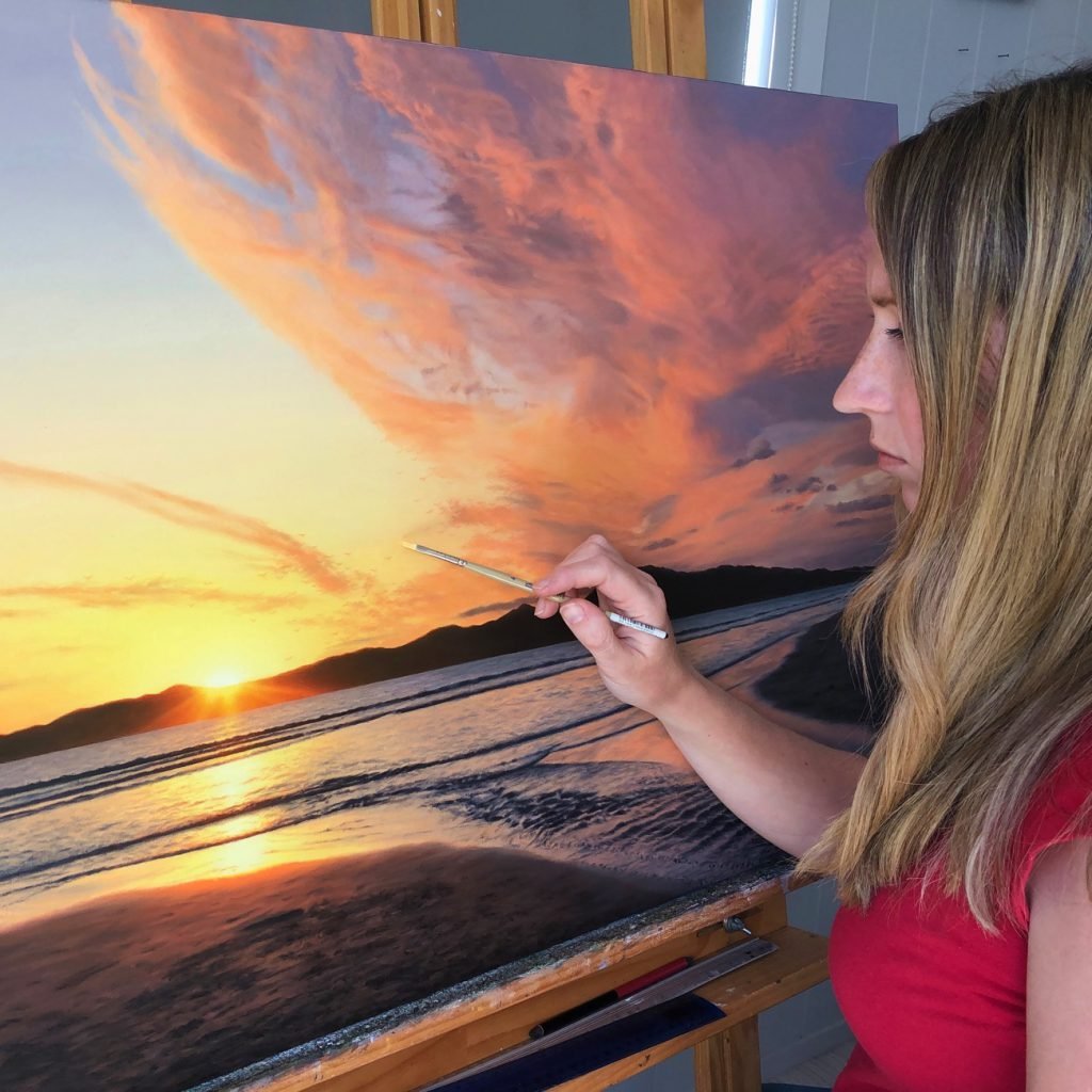 Commission painting of Kapiti Coast at sunset with artist Rosanne Croucher